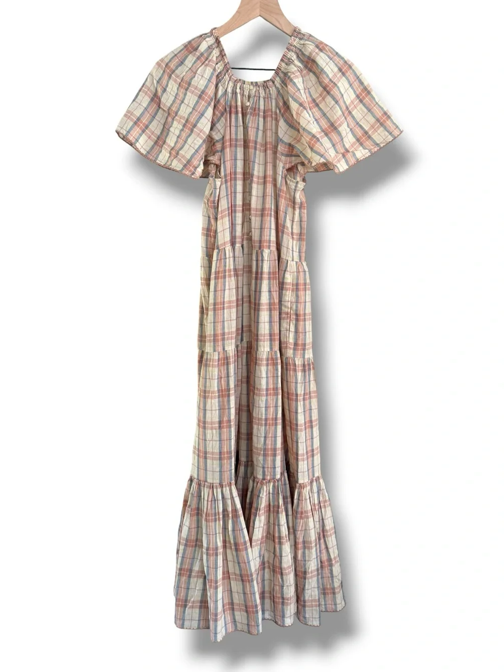The Great. The Iris Dress Washed Rose Plaid Cotton Linen Tiered Midi Size Sz 1/S